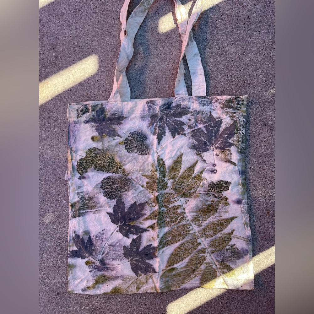 Handmade ecoprinting on organic cotton tote bag